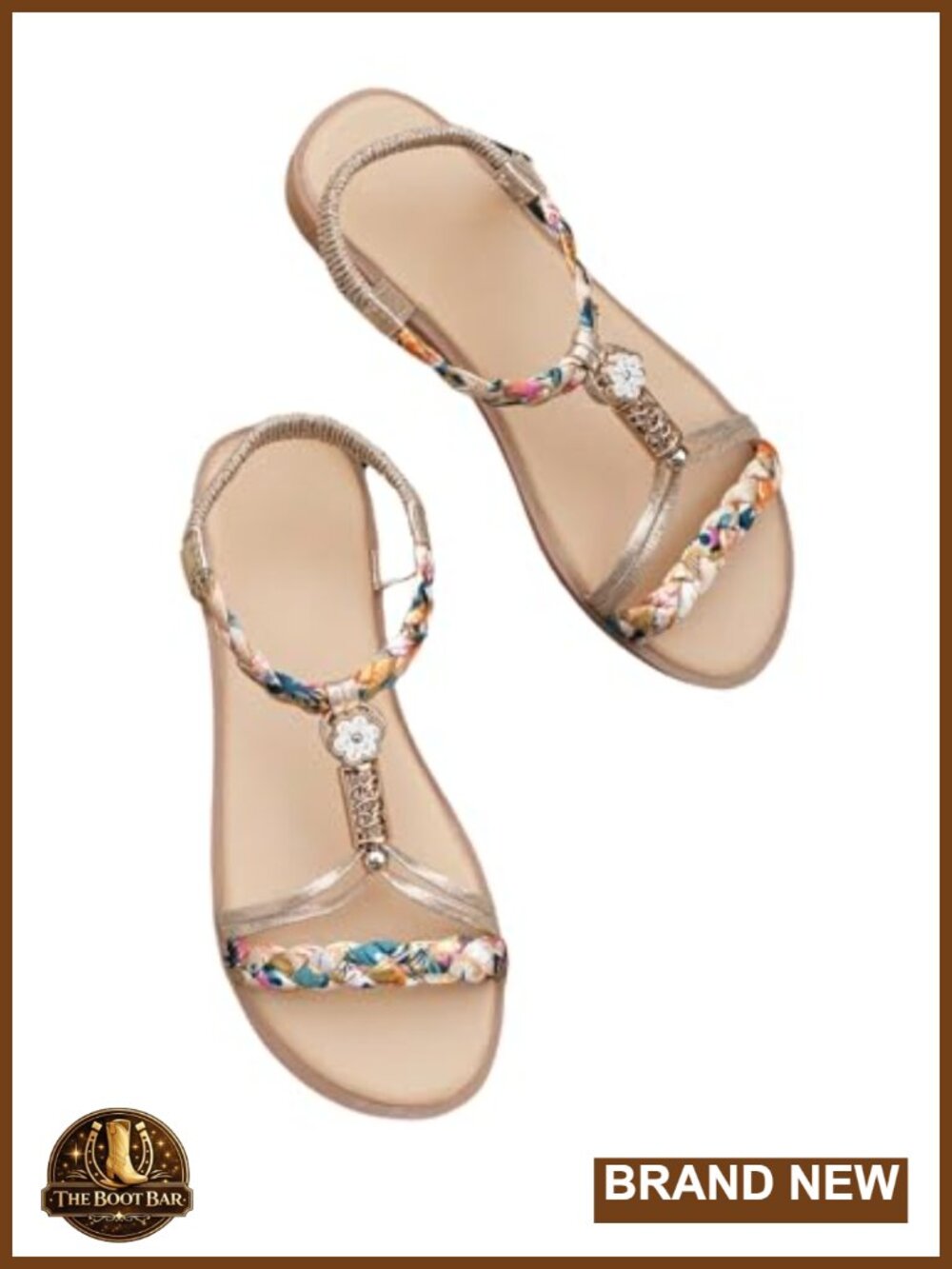 Flower Braided Flat Sandals Elastic Ankle Strap Vacation Sandals Faux Leather